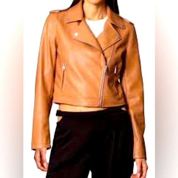 NWT * AVEC LES FILLES Vegan Leather Moto Biker Jacket in Camel - Size M - $174. - Picture 4 of 14